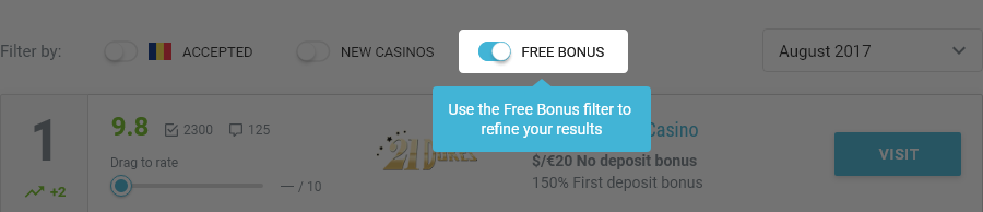 Free Casino Bonus Filter on 10Casinos