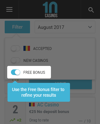 10Casinos Free Bonus filter view on mobile